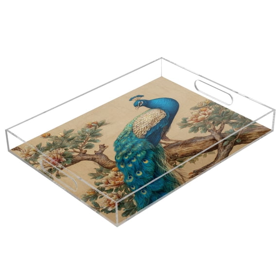 WOBOGO Elegent Peacock Acrylic Serving Trays 15.7x11.8 Inch Spill Proof Clear Decorative Organizer with Handle