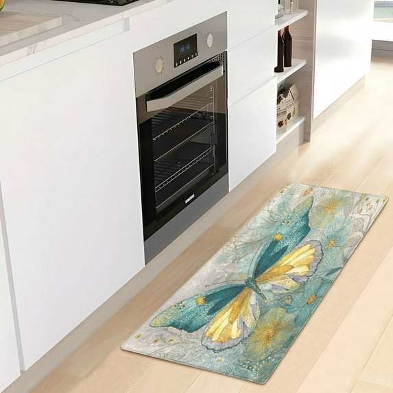 WOBOGO Emerald Butterfly Carpet 39x20in Kitchen Bathroom Livingroom Plush Absorbent Non-Slip Floor Mat