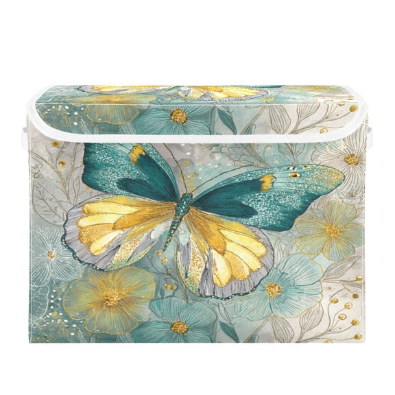 WOBOGO Emerald Butterfly Large Collapsible Storage Box Flip Lid Fabric Decorative Organizer Container Basket with Handles 16.512.611.8in