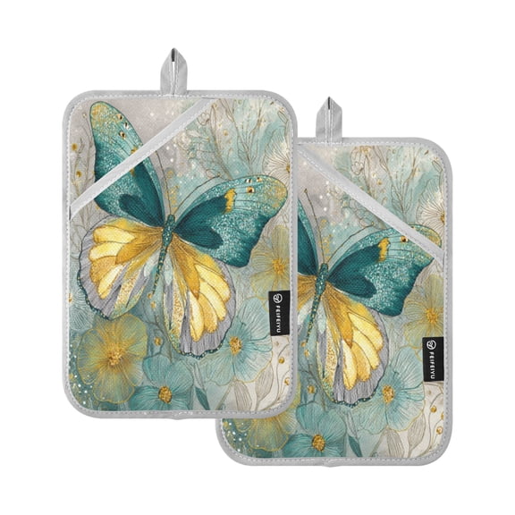 WOBOGO Emerald Butterfly Oven Mitts 2 Piece Heat Resistant 338 Degrees F Square Insulation Pads for A Wide Range of Cooking Occasions