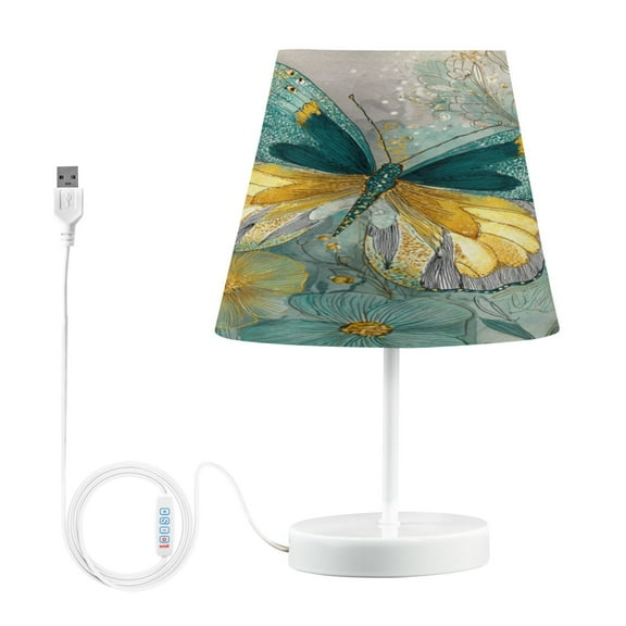 WOBOGO Emerald Butterfly Table Lamps Bedroom 3-Speed Dimmable Farm Style with Fabric Shade for Reading and Home Office