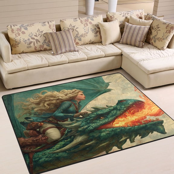 WOBOGO Emerald Dragon Carpet Non-Slip Rugs Soft Doormat 80×58in Living Dining Room Bedroom Decorative