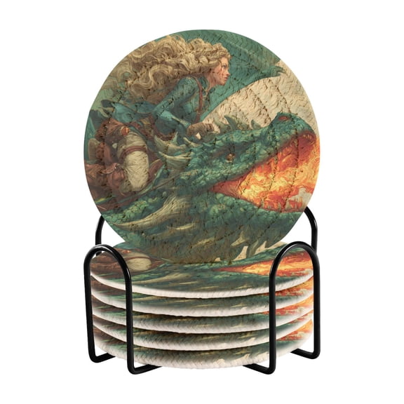 WOBOGO Emerald Dragon Coil Coasters Set of 6 Minimalist Cotton Woven 3.94 inch Non-Slip Insulated and Absorbent Home Accessories.