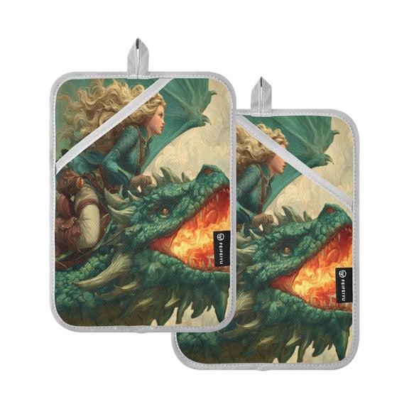 WOBOGO Emerald Dragon Oven Mitts 2 Piece Heat Resistant 338 Degrees F Square Insulation Pads for A Wide Range of Cooking Occasions