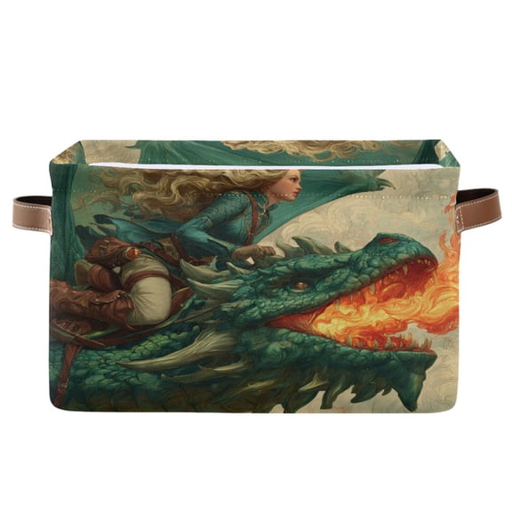 WOBOGO Emerald Dragon Square Storage Basket with Waterproof Canvas and PE Lining Durable PU Leather Handles 14.2×10.2×8.3in
