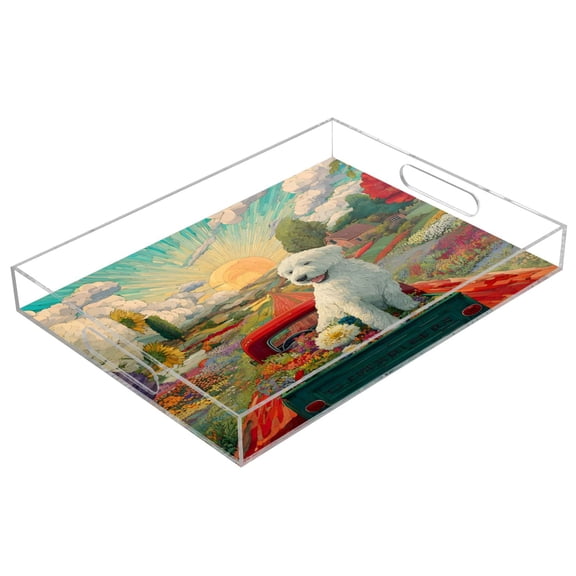 WOBOGO English Sheepdog Acrylic Serving Trays 15.7x11.8 Inch Spill Proof Clear Decorative Organizer with Handle