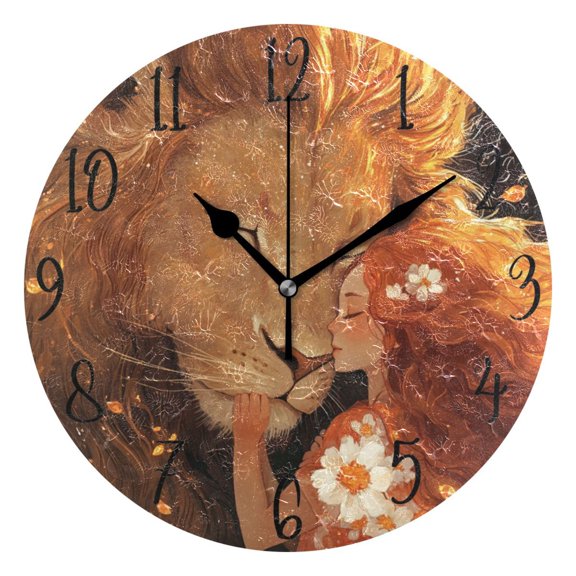 WOBOGO Enormous Lion Curly Red Hair Lass Wall Clock 10in Silent Mechanism Battery Operated Retro Style for Living Room Bedroom and Kitchen Black Pointer