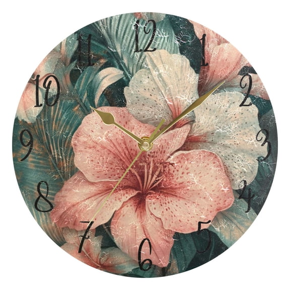 WOBOGO Exotic Pink Flowers Wall Clock 10in Silent Mechanism Battery Operated Retro Style for Living Room Bedroom and Kitchen Gold Pointer