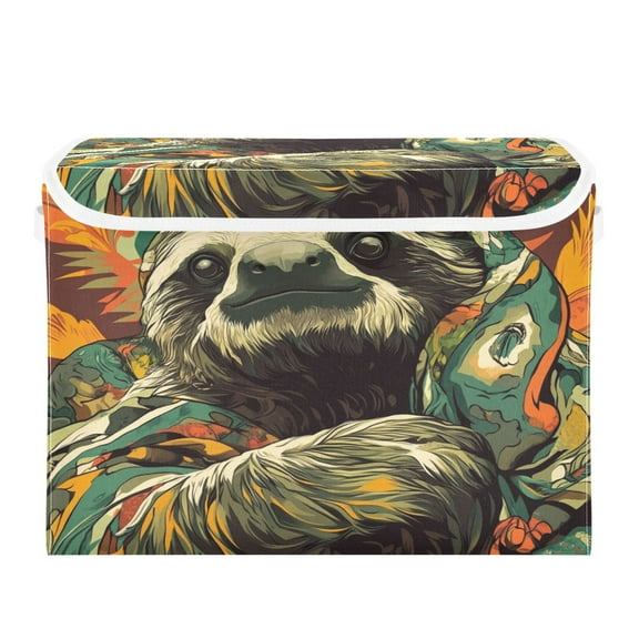 WOBOGO Exotic Style Sloth Pattern Large Collapsible Storage Box Flip Lid Fabric Decorative Organizer Container Basket with Handles 16.512.611.8in