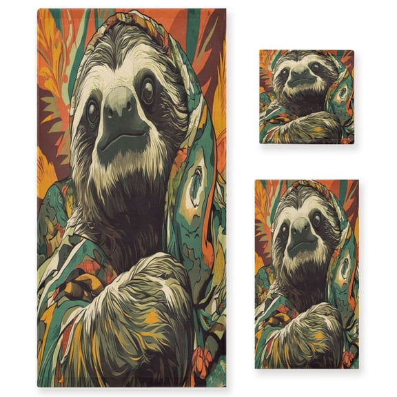 WOBOGO Exotic Style Sloth Pattern Ultra Soft 3 Pack Cotton Towel Set Includes 60 x 30in Bath Towel 28 x 16in Face Towel and 13 x 13in Small Square Towel for Everyday Use Lightweight and Compact