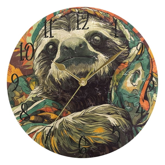 WOBOGO Exotic Style Sloth Pattern Wall Clock 10in Silent Mechanism Battery Operated Retro Style for Living Room Bedroom and Kitchen Gold Pointer