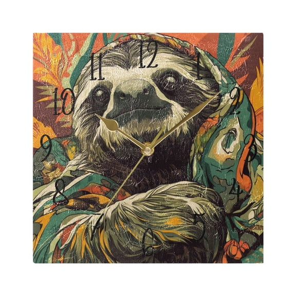 WOBOGO Exotic Style Sloth Pattern Wall Clock 7.78 Inch Battery Operated Silent Unit Square Rustic Vintage Style for Home Bedroom Office Gold Pointer