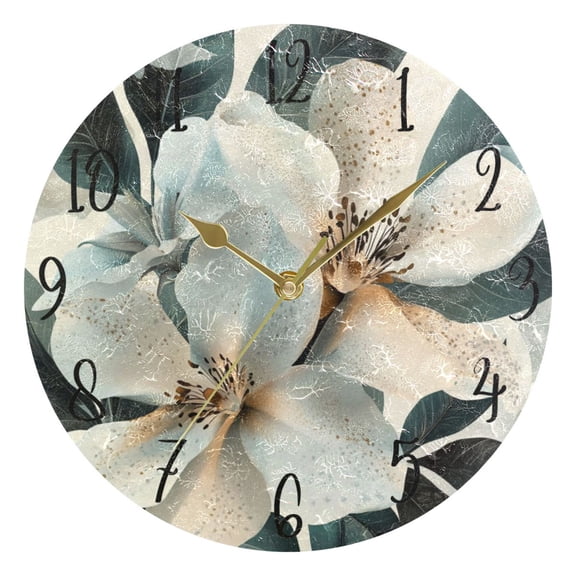WOBOGO Exotic White Flowers Wall Clock 10in Silent Mechanism Battery Operated Retro Style for Living Room Bedroom and Kitchen Gold Pointer