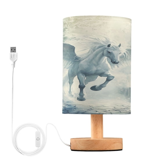 WOBOGO Fairyland Pegasus Bedroom Table Lamp USB Power Connector Wooden Base Round Linen Shade For Living Room Desk