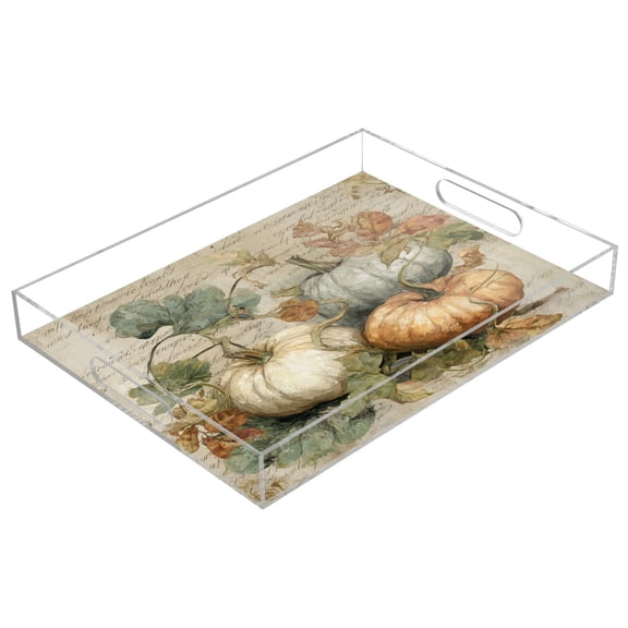 WOBOGO Fall Pumpkin Maple Leaf Acrylic Serving Trays 15.7x11.8 Inch Spill Proof Clear Decorative Organizer with Handle