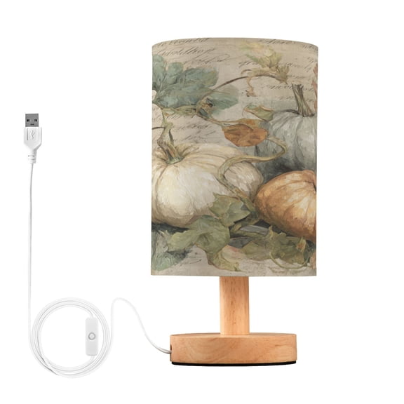 WOBOGO Fall Pumpkin Maple Leaf Bedroom Table Lamp USB Power Connector Wooden Base Round Linen Shade For Living Room Desk