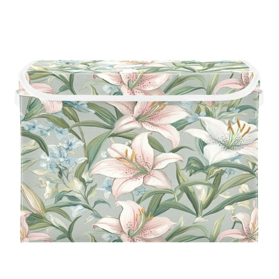 WOBOGO Famille Rose Enamels Large Collapsible Storage Box Flip Lid Fabric Decorative Organizer Container Basket with Handles 16.512.611.8in