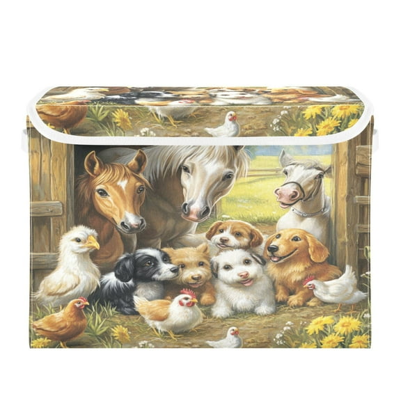 WOBOGO Farm Animals Large Collapsible Storage Box Flip Lid Fabric Decorative Organizer Container Basket with Handles 16.512.611.8in