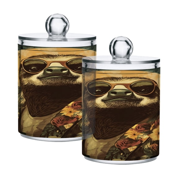 WOBOGO Fashion Sloth Pattern Transparent Plastic Jar 2pcs Cotton Swabs Balls Pads Floss Stick Dispenser Bathroom Vanity Storage Organizer