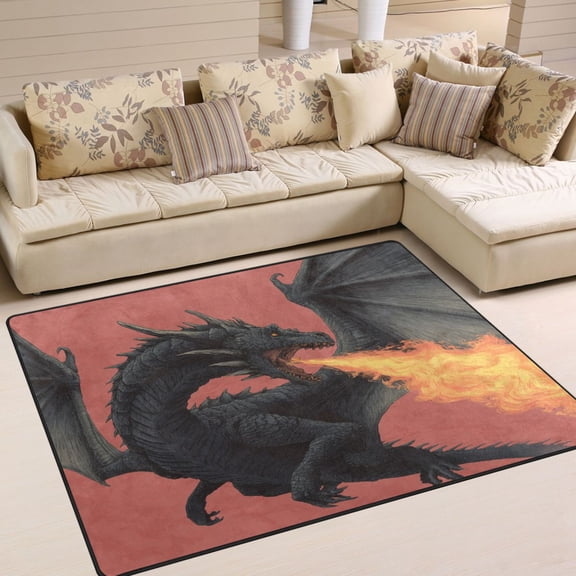 WOBOGO Fire Dragon Carpet Non-Slip Rugs Soft Doormat 63×48in Living Dining Room Bedroom Decorative