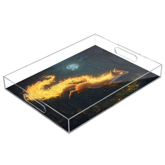 WOBOGO Fire Fox Acrylic Serving Trays 15.7x11.8 Inch Spill Proof Clear Decorative Organizer with Handle