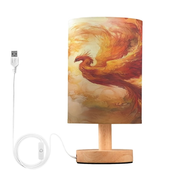 WOBOGO Fire Phoenix Pattern Bedroom Table Lamp USB Power Connector Wooden Base Round Linen Shade For Living Room Desk