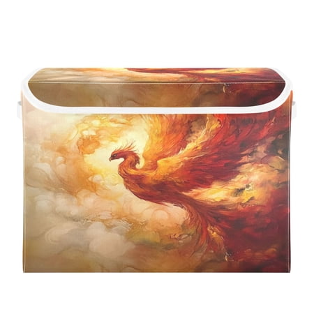 WOBOGO Fire Phoenix Pattern Large Collapsible Storage Box Flip Lid Fabric Decorative Organizer Container Basket with Handles 16.5×12.6×11.8in