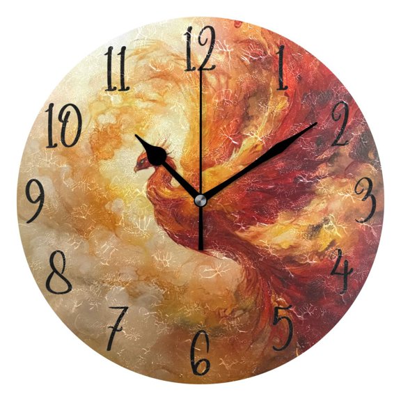 WOBOGO Fire Phoenix Pattern Wall Clock 10in Silent Mechanism Battery Operated Retro Style for Living Room Bedroom and Kitchen Black Pointer