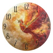 WOBOGO Fire Phoenix Pattern Wall Clock 10in Silent Mechanism Battery Operated Retro Style for Living Room Bedroom and Kitchen Gold Pointer