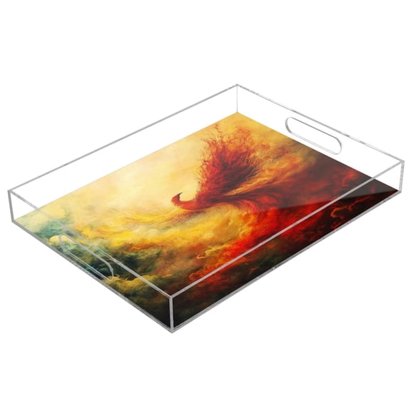 WOBOGO Fire Phoenix Patterns Acrylic Serving Trays 15.7x11.8 Inch Spill Proof Clear Decorative Organizer with Handle