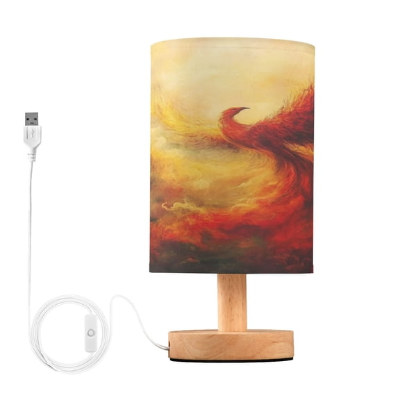 WOBOGO Fire Phoenix Patterns Bedroom Table Lamp USB Power Connector Wooden Base Round Linen Shade For Living Room Desk
