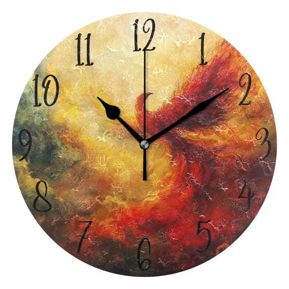 WOBOGO Fire Phoenix Patterns Wall Clock 10in Silent Mechanism Battery Operated Retro Style for Living Room Bedroom and Kitchen Black Pointer