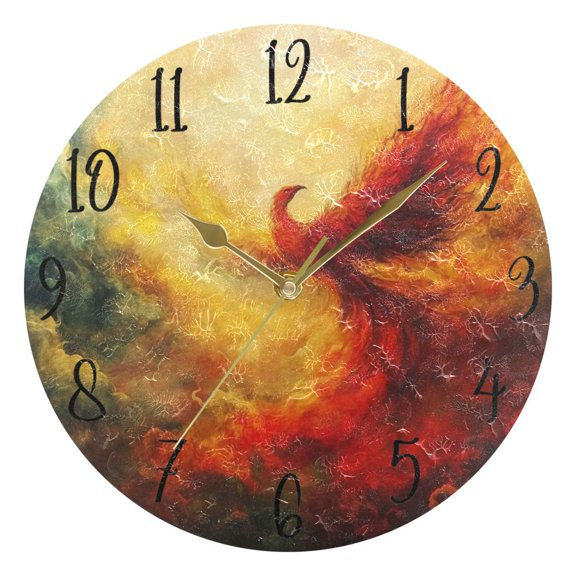 WOBOGO Fire Phoenix Patterns Wall Clock 10in Silent Mechanism Battery Operated Retro Style for Living Room Bedroom and Kitchen Gold Pointer