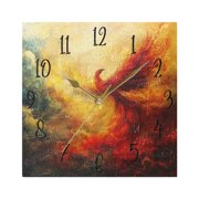 WOBOGO Fire Phoenix Patterns Wall Clock 7.78 Inch Battery Operated Silent Unit Square Rustic Vintage Style for Home Bedroom Office Gold Pointer