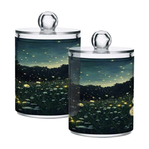 WOBOGO Fireflies in Dandelions Transparent Plastic Jar 2pcs Cotton Swabs Balls Pads Floss Stick Dispenser Bathroom Vanity Storage Organizer