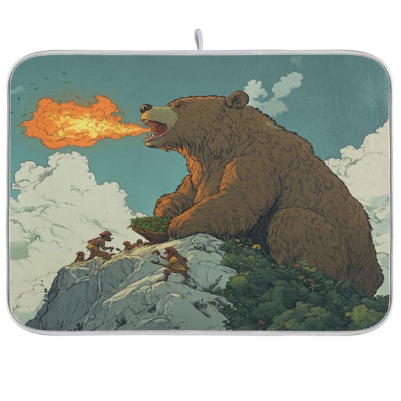 WOBOGO Flaming Brown Bear Pattern Kitchen Drying Mat Heat Resistant Drainage with Non-Slip Rubber Backing Hides Stains Super Absorbent Easy to Clean 18×24in