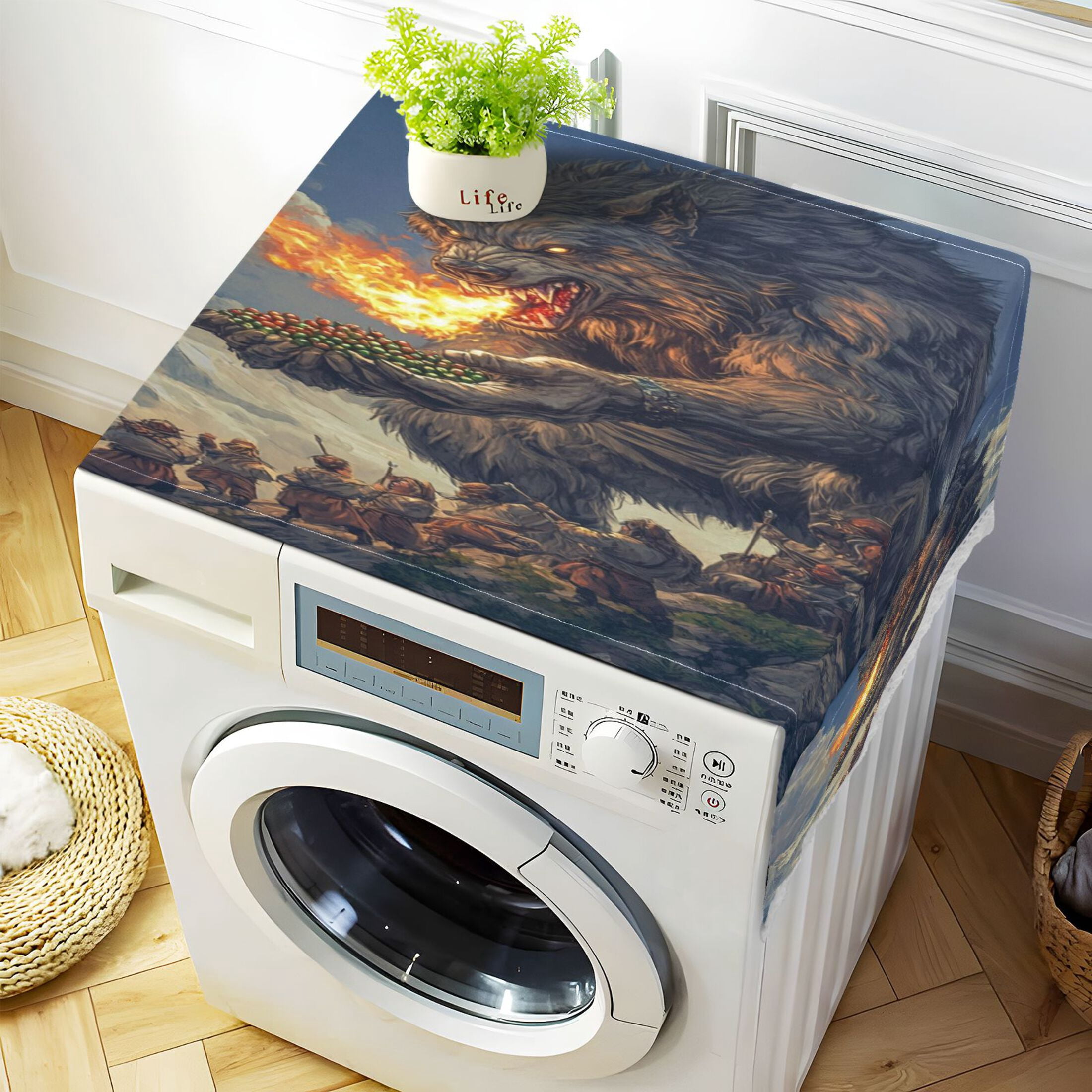 WOBOGO Flaming Giant Werewolf Pattern Washing Machine Cloth Dryer Refrigerator Top Cover Protective Non-Slip Mat For Kitchen Laundry
