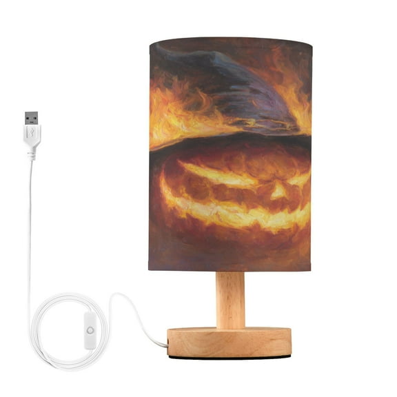WOBOGO Flaming Pumpkin Bedroom Table Lamp USB Power Connector Wooden Base Round Linen Shade For Living Room Desk