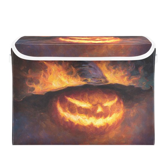 WOBOGO Flaming Pumpkin Large Collapsible Storage Box Flip Lid Fabric Decorative Organizer Container Basket with Handles 16.512.611.8in