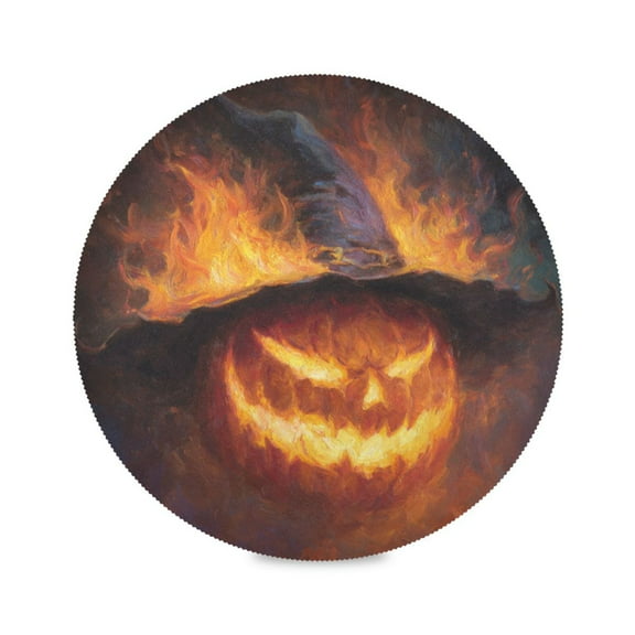 WOBOGO Flaming Pumpkin Round Placemats Set of 1 Heat Resistant Washable Kitchen Table Decorations 15.4in