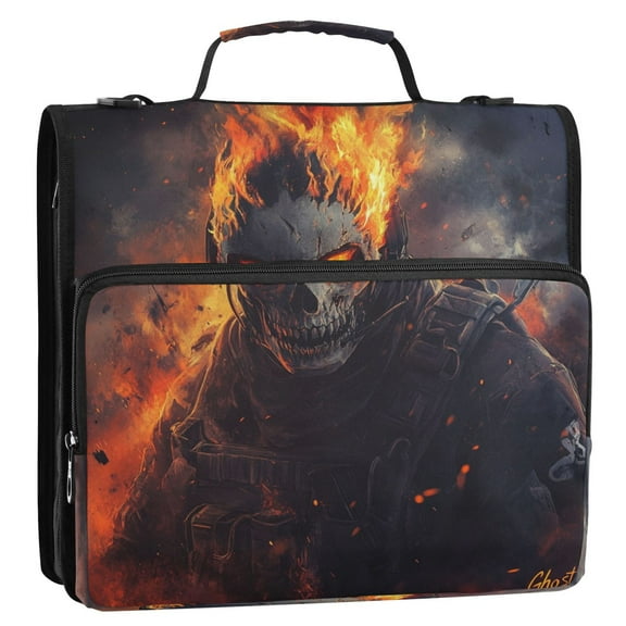 WOBOGO Flaming Skull Mask Ring Binder Bag 1.5in Folder Organizer with Shoulder Strap for 13Inch Laptop and 500 Sheets of Paper