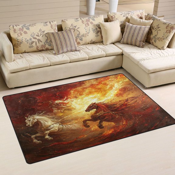 WOBOGO Flaming War Horses Carpet Non-Slip Rugs Soft Doormat 60×39in Living Dining Room Bedroom Decorative