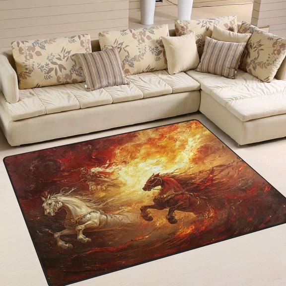 WOBOGO Flaming War Horses Carpet Non-Slip Rugs Soft Doormat 63×48in Living Dining Room Bedroom Decorative