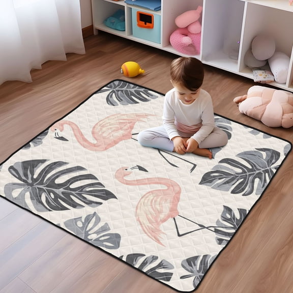 WOBOGO Flamingo Monstera Leaves Pattern Baby Playmats Extra Large Waterproof Rollable Activity Pads for Toddlers 5050inch