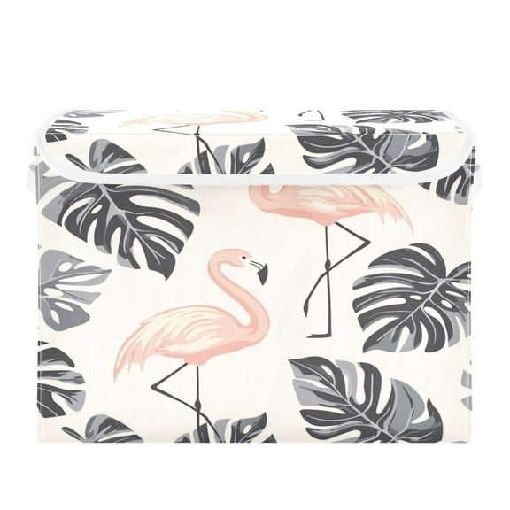 WOBOGO Flamingo Monstera Leaves Pattern Large Collapsible Storage Box Flip Lid Fabric Decorative Organizer Container Basket with Handles 16.512.611.8in