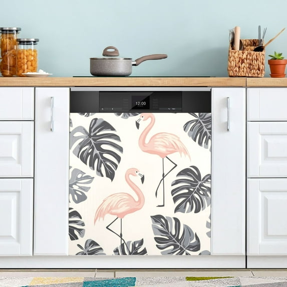 WOBOGO Flamingo Monstera Leaves Pattern Magnetic Dishwasher Sticker Personalized DIY Beautiful and Practical Home Kitchen Decorations23×16in.