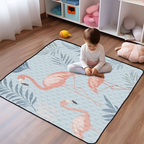 WOBOGO Flamingo Pattern with Tropical Leaves Baby Playmats Extra Large Waterproof Rollable Activity Pads for Toddlers 5050inch