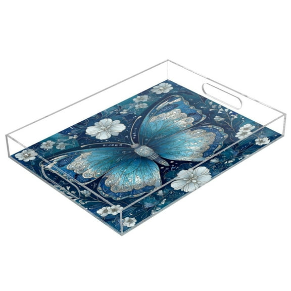 WOBOGO Flower Large Butterfly Acrylic Serving Trays 15.7x11.8 Inch Spill Proof Clear Decorative Organizer with Handle