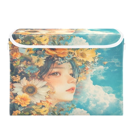 WOBOGO Flower Lass Large Collapsible Storage Box Flip Lid Fabric Decorative Organizer Container Basket with Handles 16.5×12.6×11.8in