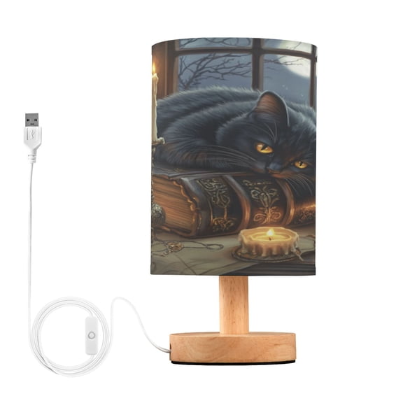 WOBOGO Fluffy Black Cat Bedroom Table Lamp USB Power Connector Wooden Base Round Linen Shade For Living Room Desk